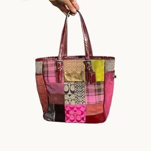 Coach Holiday Patchwork Gallery Tote Pink Plaid Suede Canvas Y2K